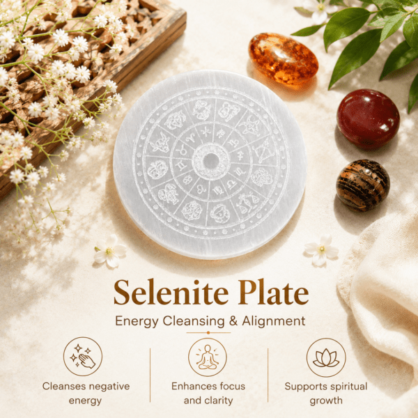 Rashi Engraved Selenite Plate | For Crystal Cleansing & Energy Charging