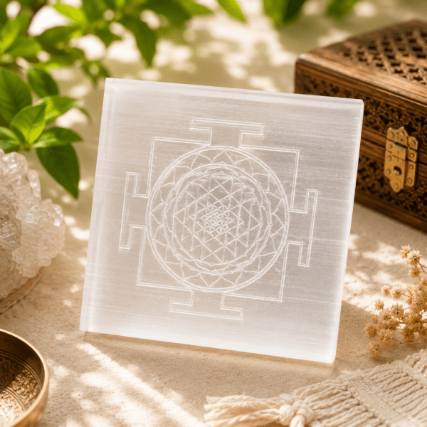 Sri Yantra Selenite Plate | Sacred Geometry Crystal Charging Plate