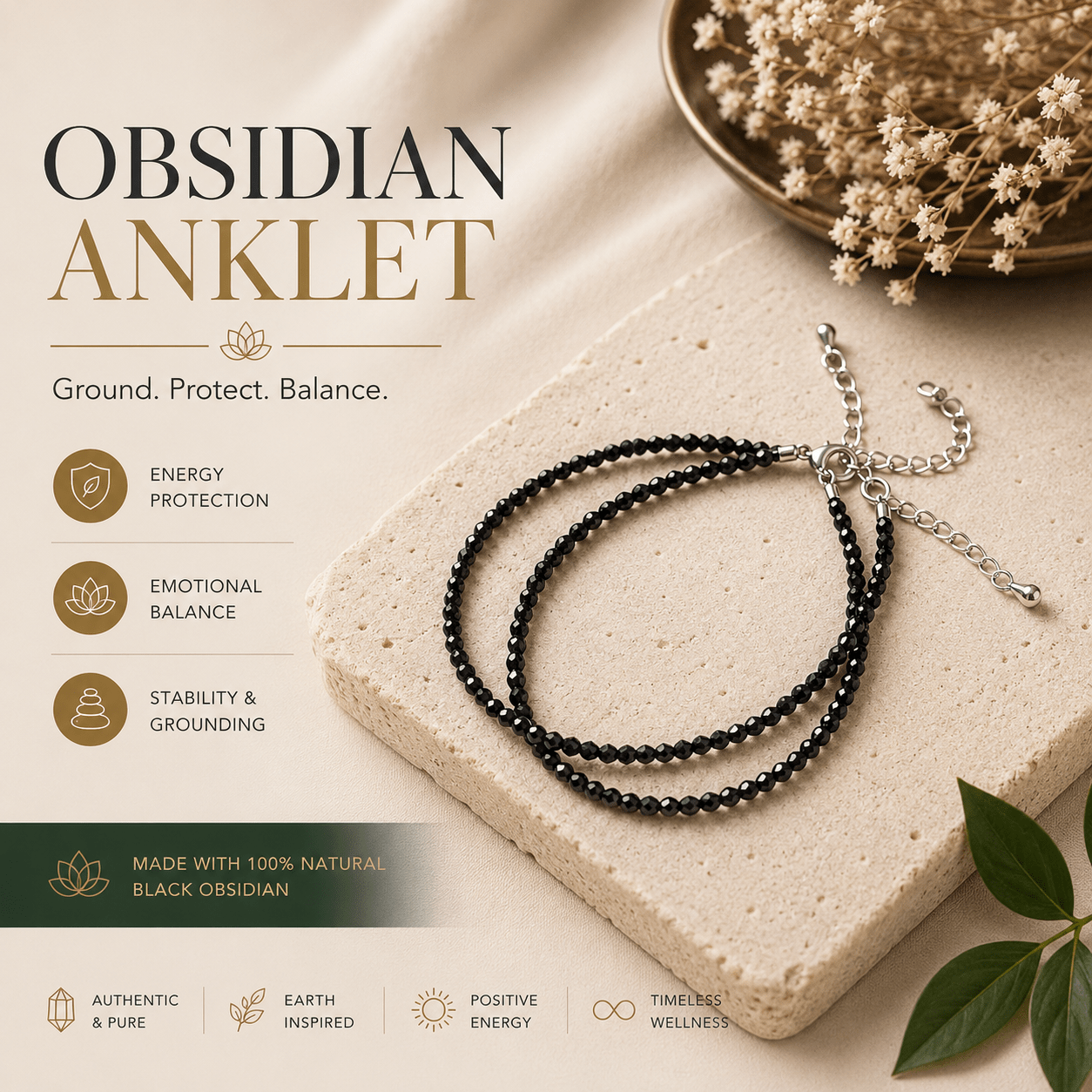 Black Obsidian Anklet | For Grounding, Protection & Emotional Balance