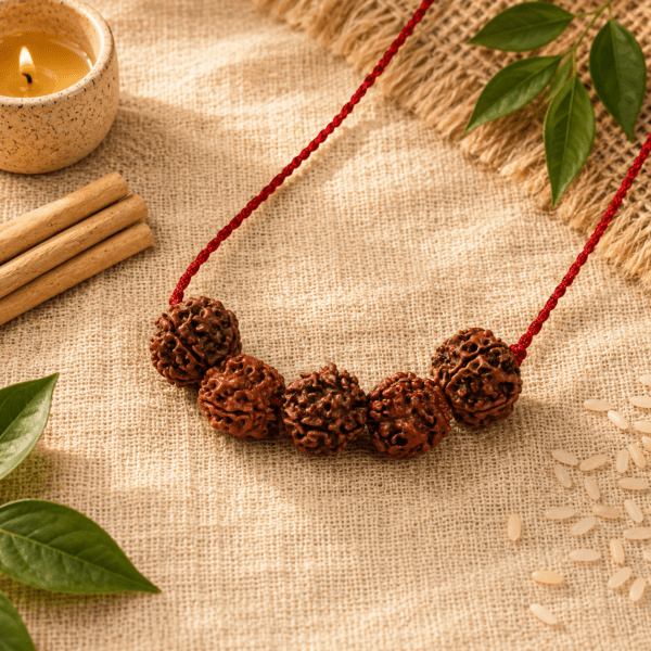 Brown Rudraksha bead necklace on a red cord laid on burlap with cinnamon sticks a candle and green leaves nearby