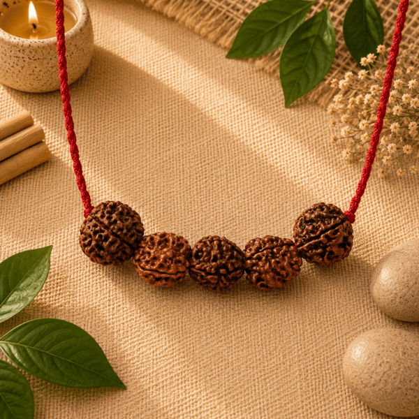 Brown prayer beads on a red cord laid on burlap with green leaves and a lit candle nearby