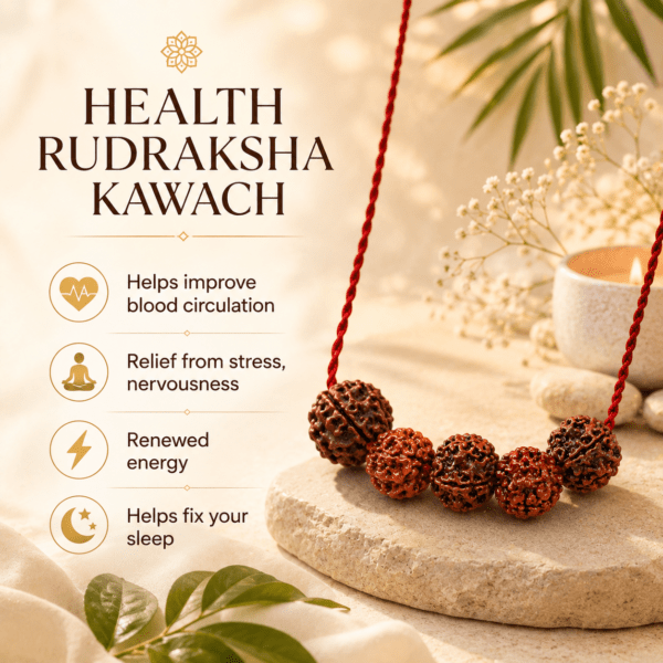 Promotion for Health Rudraksha Kawach showing a bead bracelet on a stone pedestal with benefits improves blood circulation relieves stress boosts energy and aids sleep